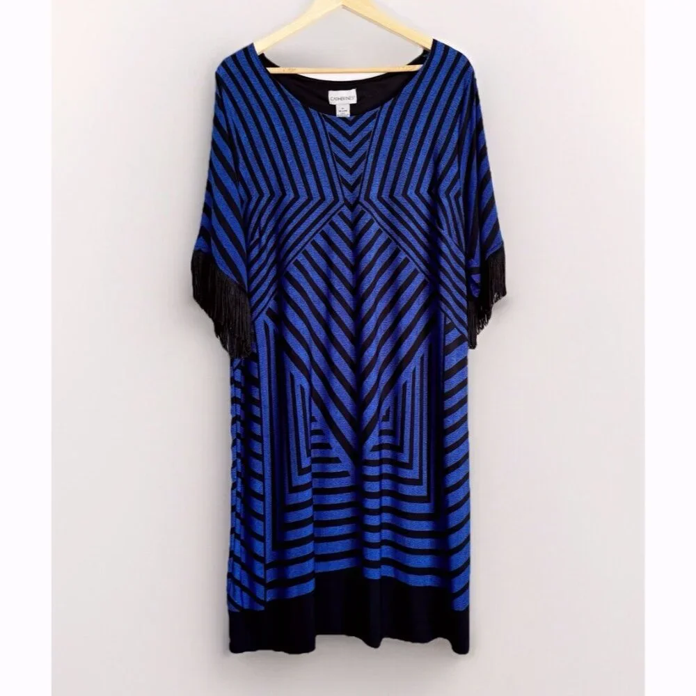 Catherines Blue Black Geometric Stripe Fringe Sleeve Dress Womens 1X Art Deco